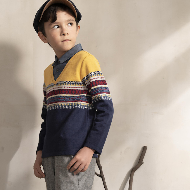 PIPPY 復古緹花假兩件翻領圓領長袖上衣 藍