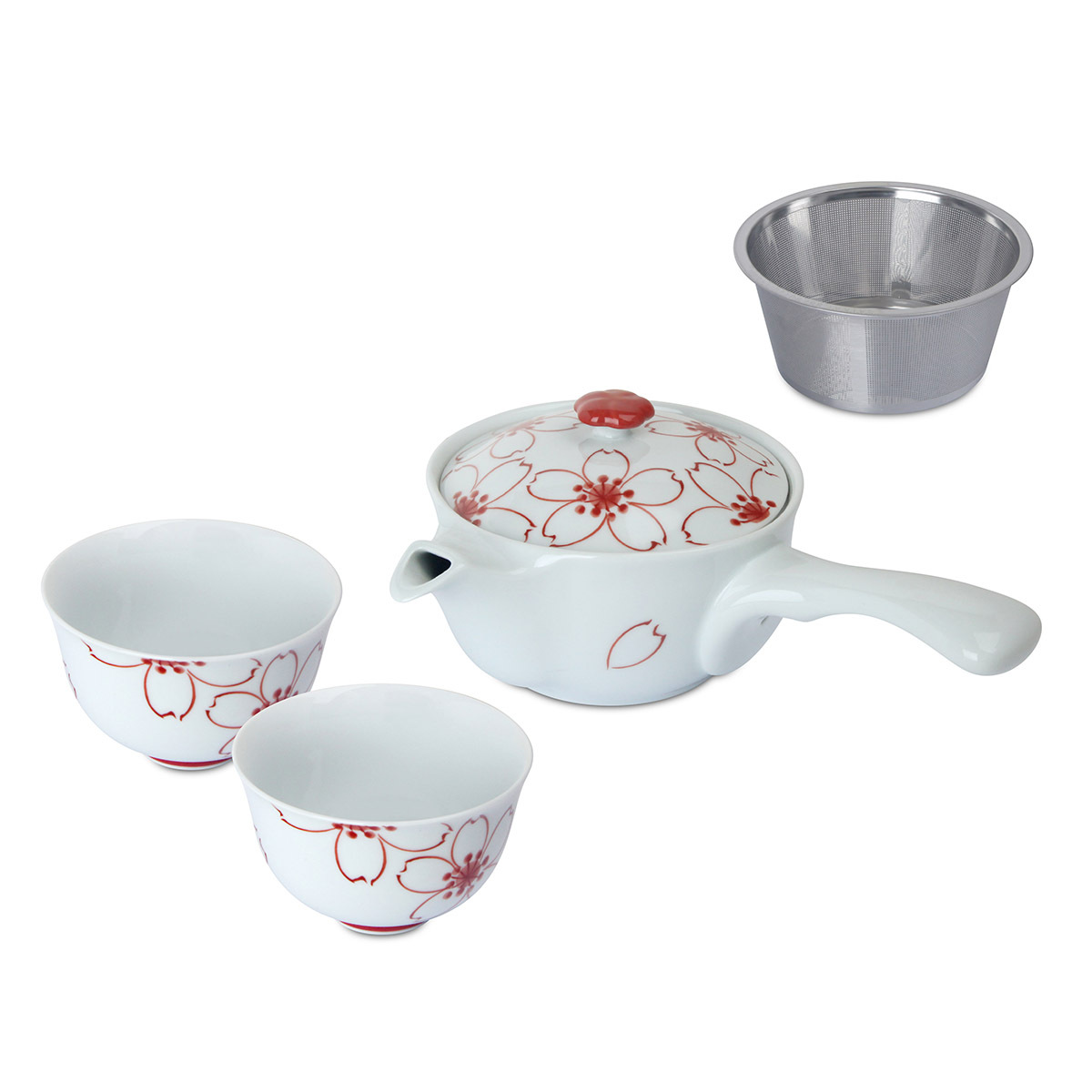 日本 有田焼 錦桜 1側柄茶壺2茶杯 木盒套裝 -50988WD