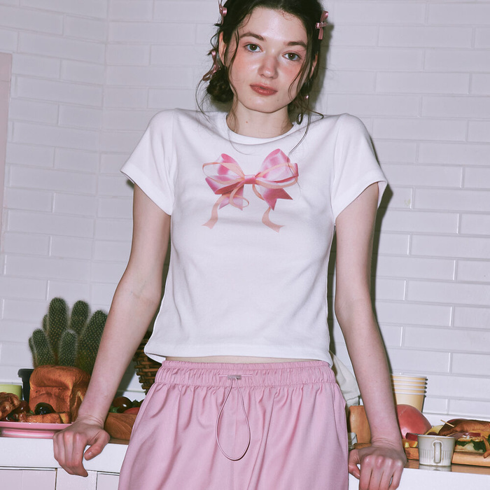 韓国商品/RONRON LACE FRILL SLIM CROP PLEATS T SHIRT RONRON LACE FRILL SLIM CROP PLEATS T SHIRT