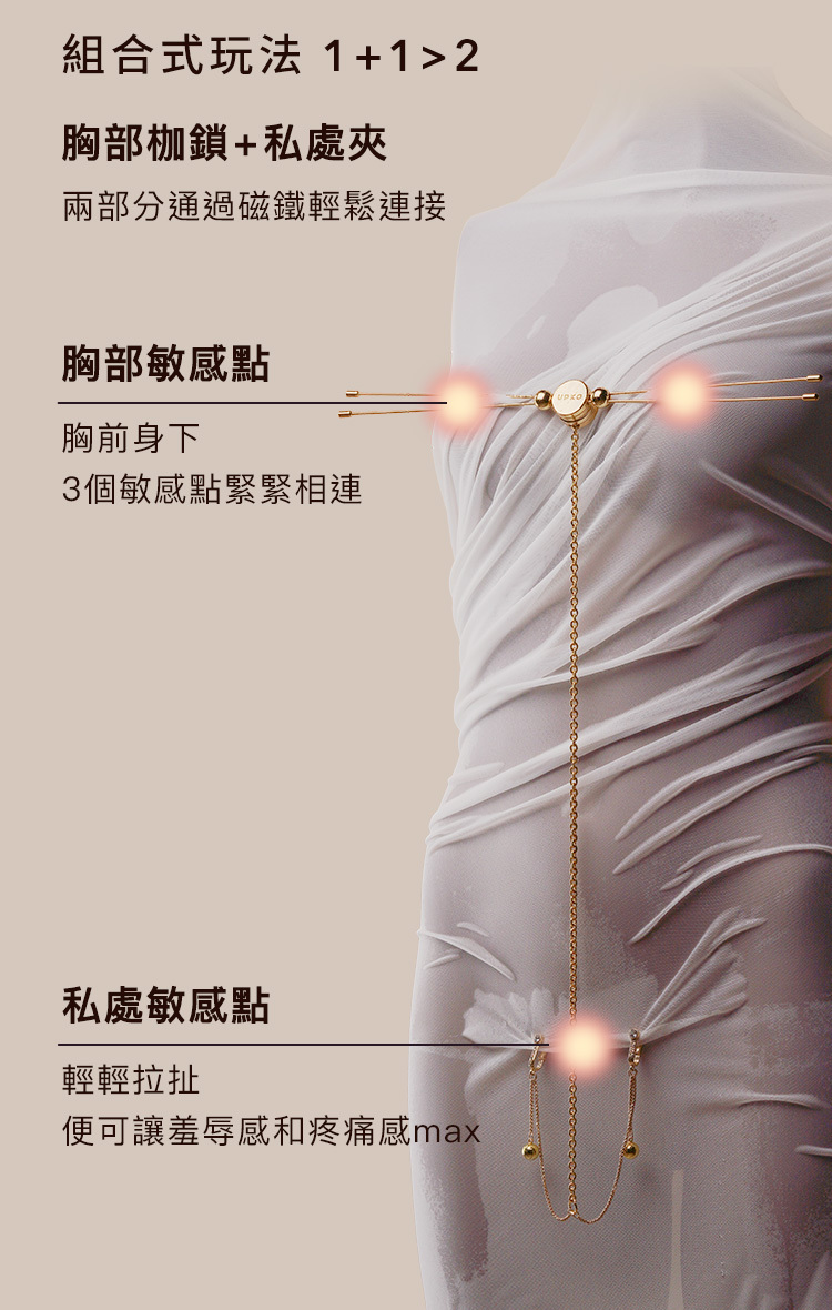 UPKO,義大利 UPKO,UPKO 乳橋+私處夾套裝,調教時尚,調教,調教扮演,BDSM,SM,親密關係,格雷,角色扮演,捆綁,禮物,繩縛,束縛,綁帶,口球,手拍,頸圈,項圈,牽引鏈,手銬,腳銬,馬鞭