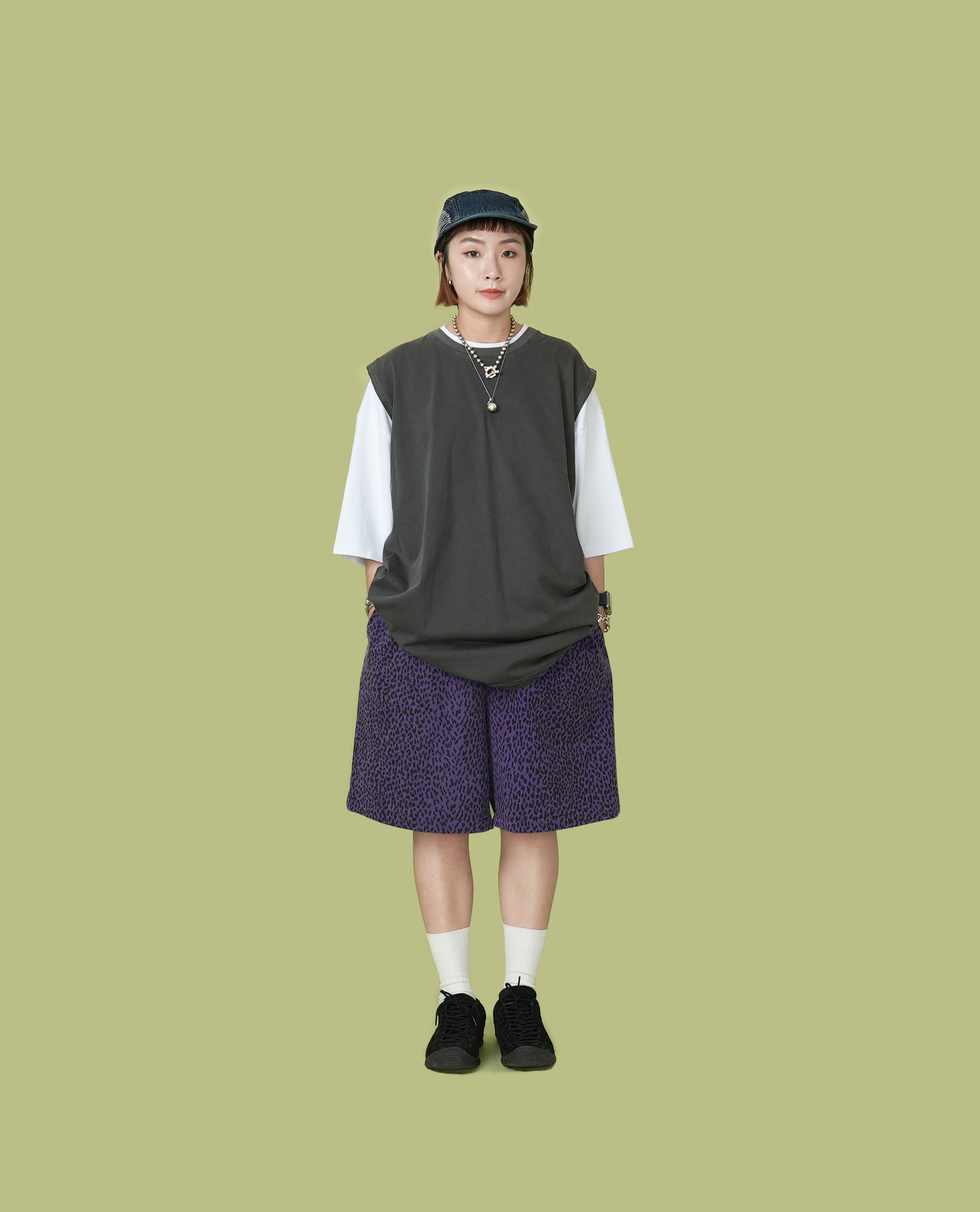 O.POism 歐波医生水洗豹紋可調腰大寬短褲