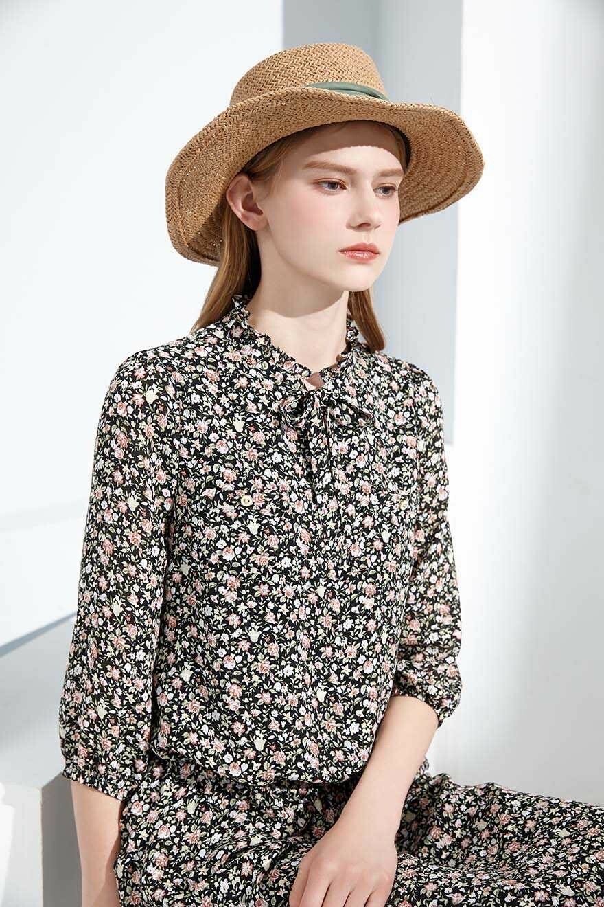 OL韓風氣質小碎花荷葉綁結領顯瘦連身洋裝S6261