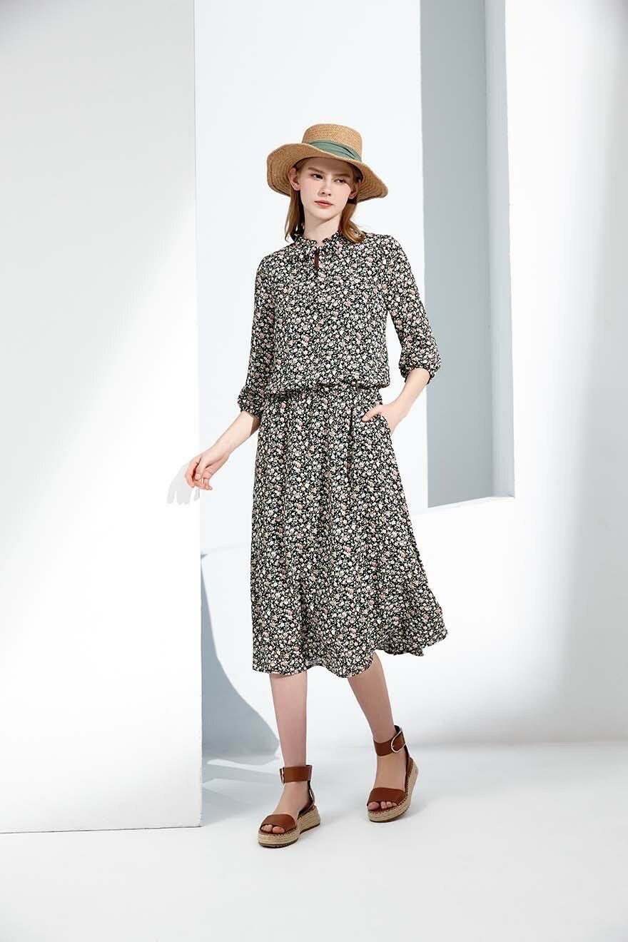 OL韓風氣質小碎花荷葉綁結領顯瘦連身洋裝S6261