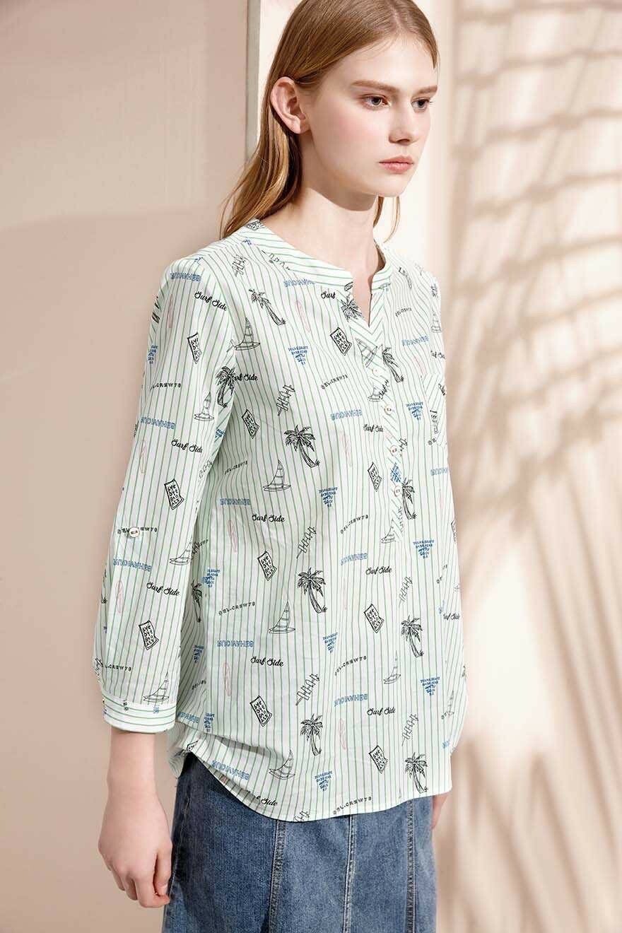OL條紋渡假風印花棉質修身襯衫S6251