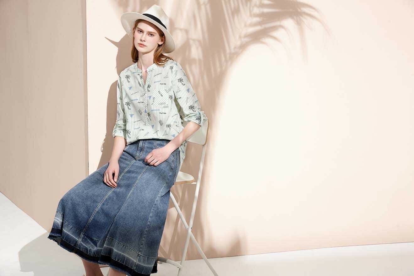 OL條紋渡假風印花棉質修身襯衫S6251