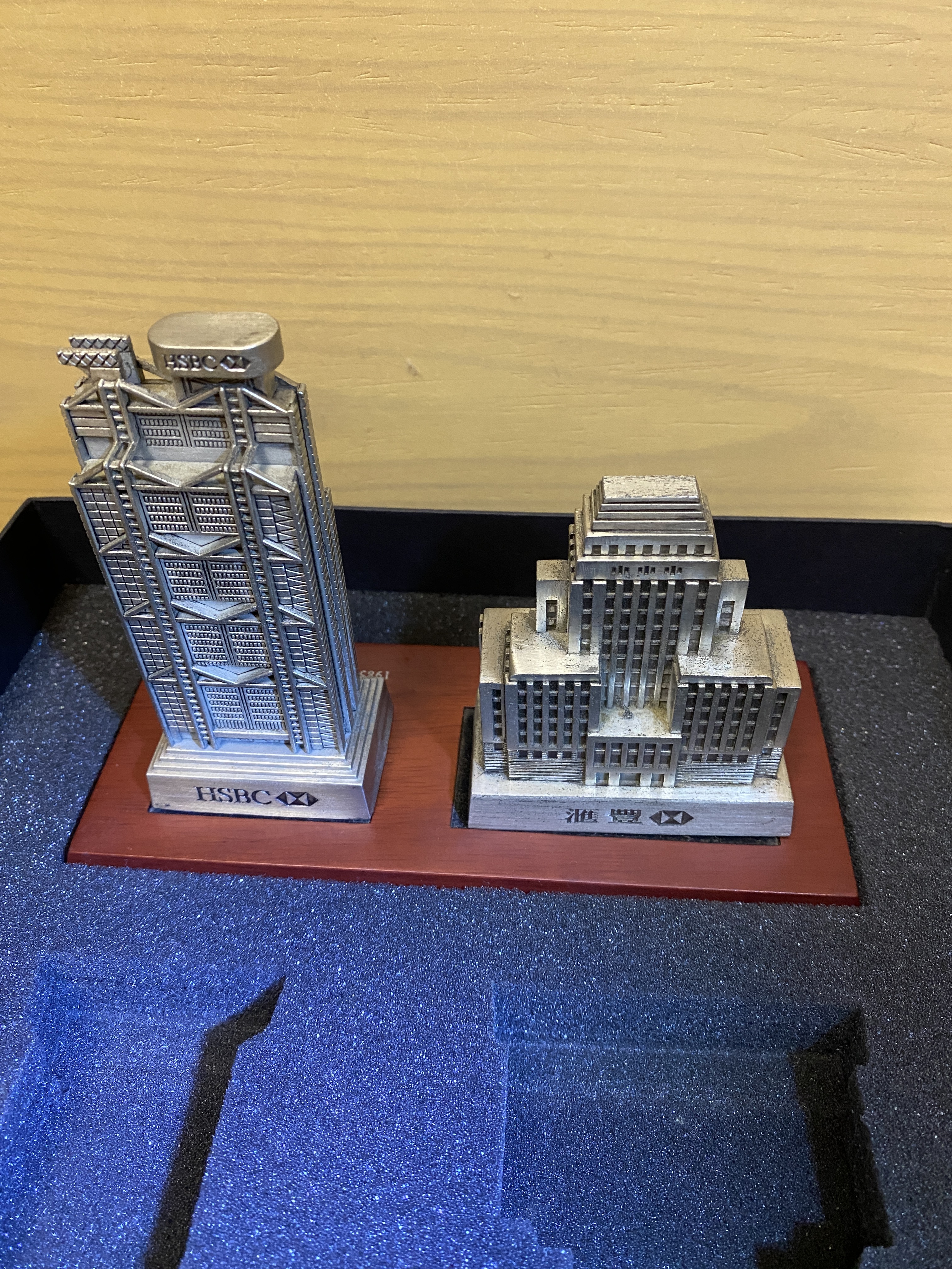 HSBC bank paperweight set including the new and old HSBC buildings