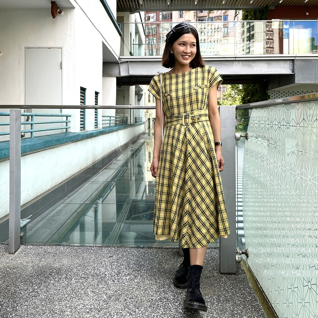 日本黃黑色格仔連身裙