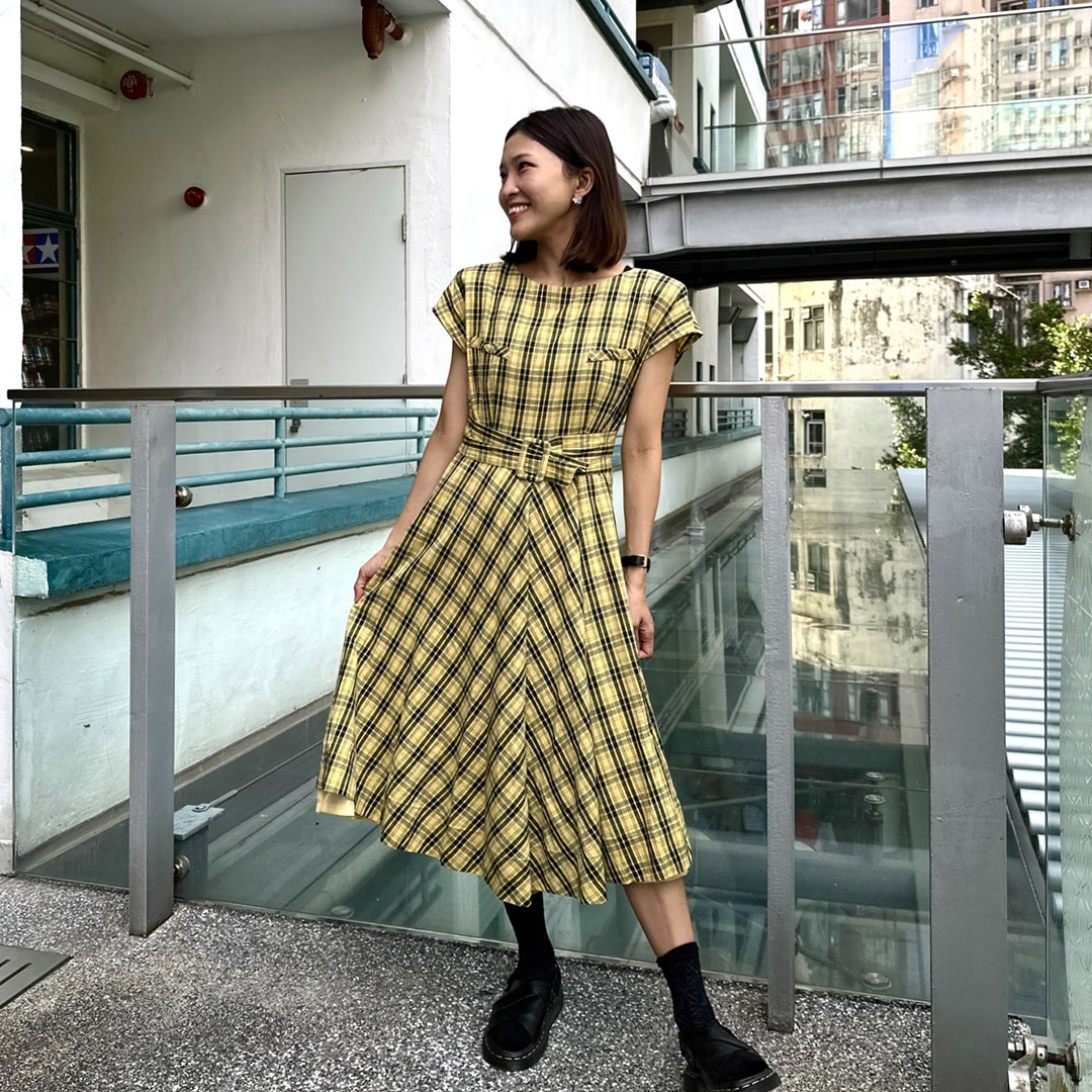 日本黃黑色格仔連身裙