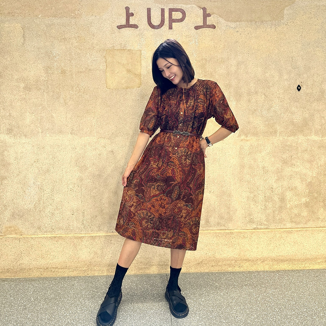 橙啡混色民族風通花連身裙