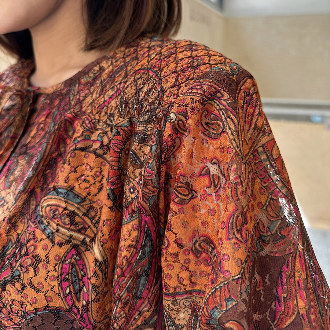 橙啡混色民族風通花連身裙