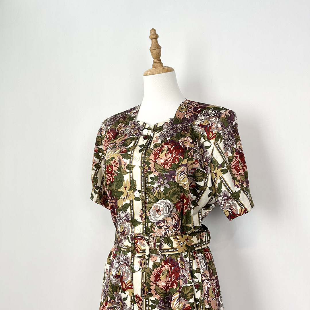 Burberry古著花花連身裙連腰帶