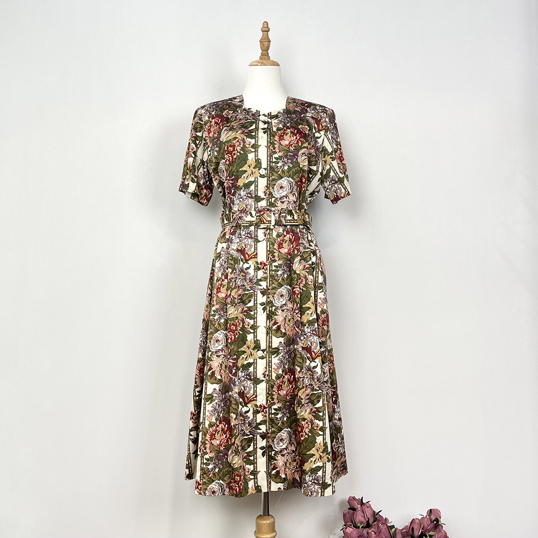 Burberry古著花花連身裙連腰帶