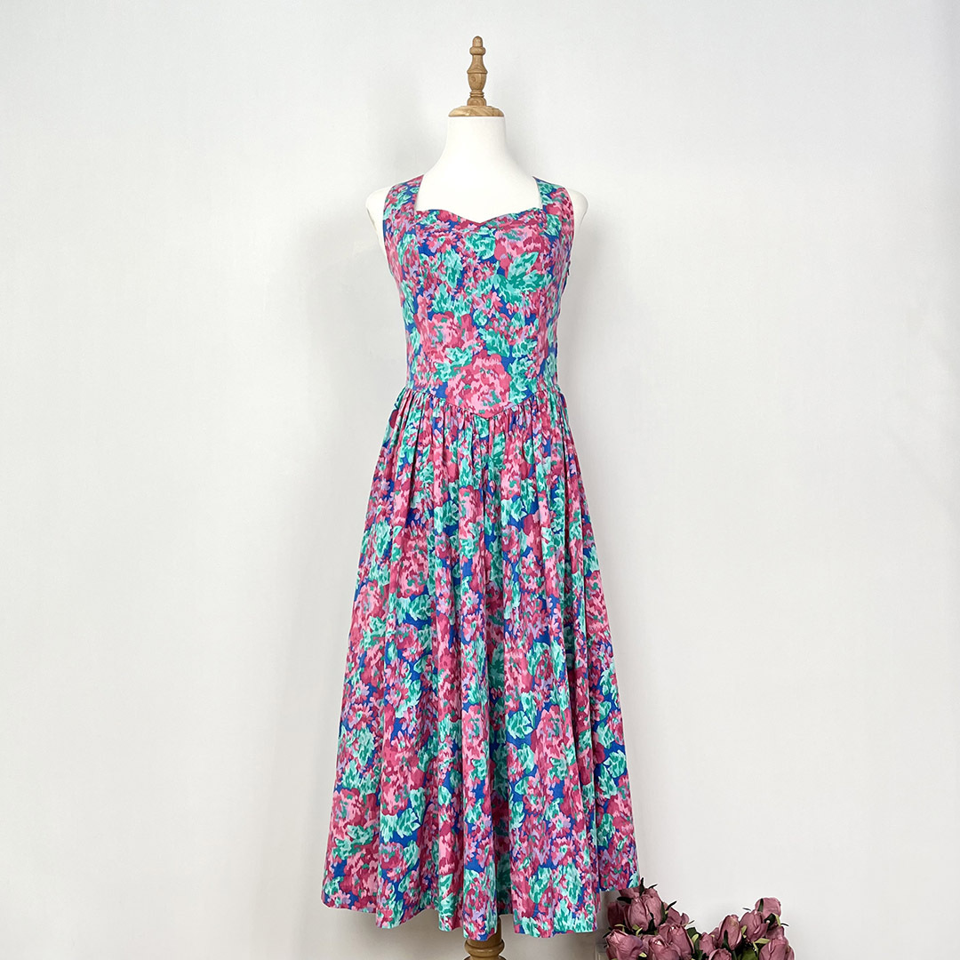 Laura Ashley 混合色後背交叉吊帶連身裙