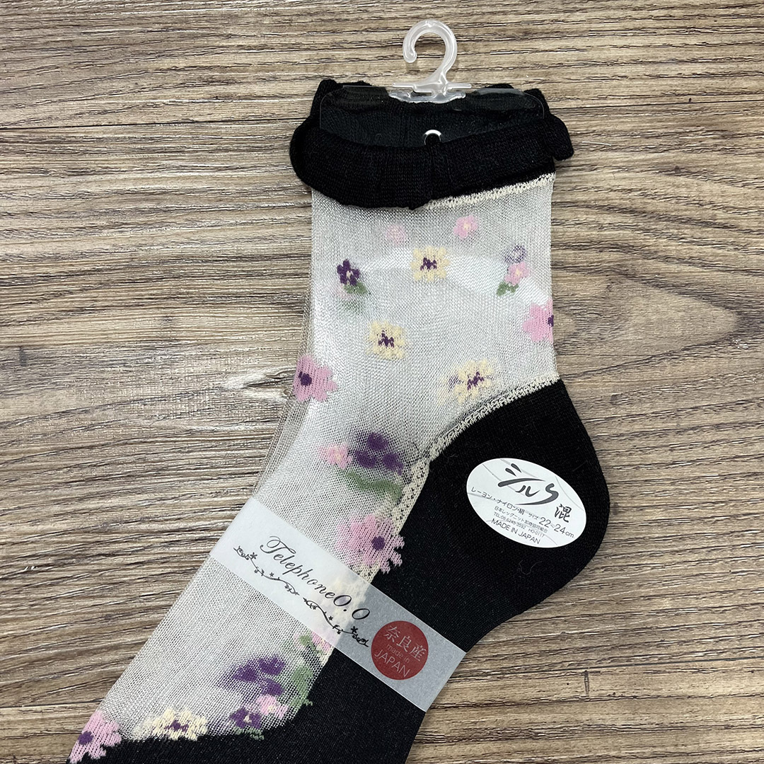 日本製黑色碎花透視短襪