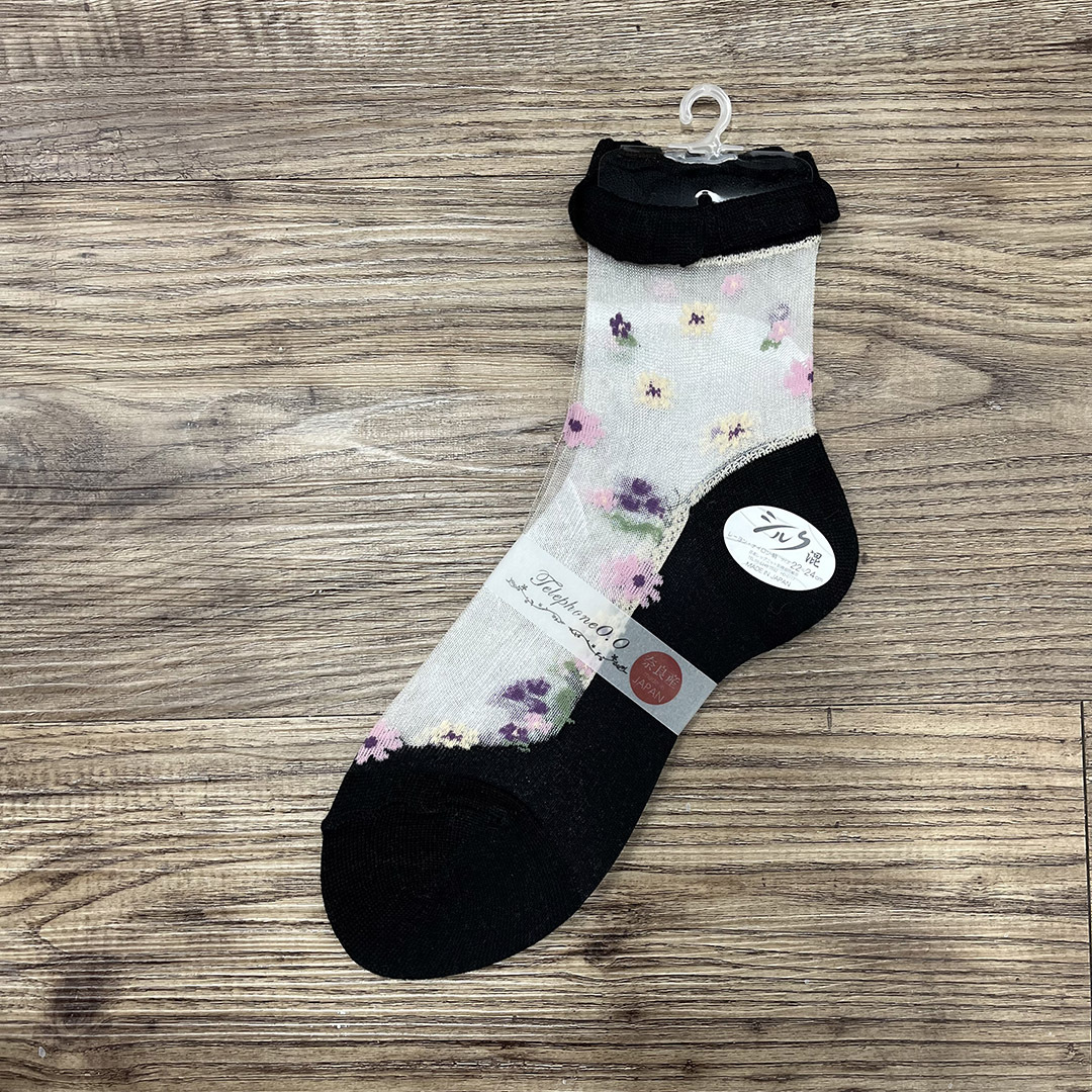 日本製黑色碎花透視短襪