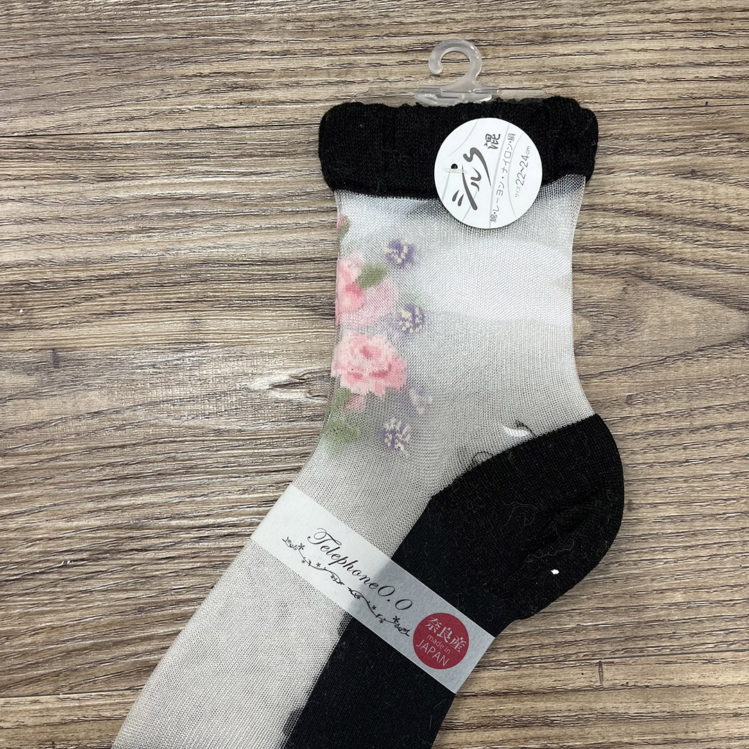 日本製黑色花花透視短襪