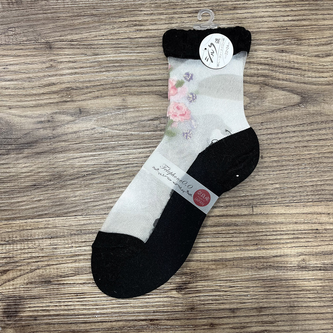 日本製黑色花花透視短襪