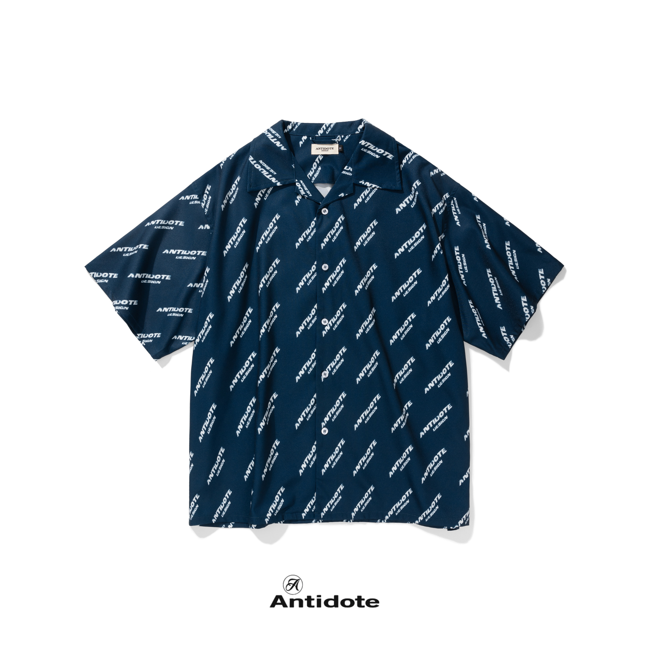 ANTIDOTE 質感深藍 滿版 字體Logo 古巴領 短袖 襯衫 滑面 寬鬆