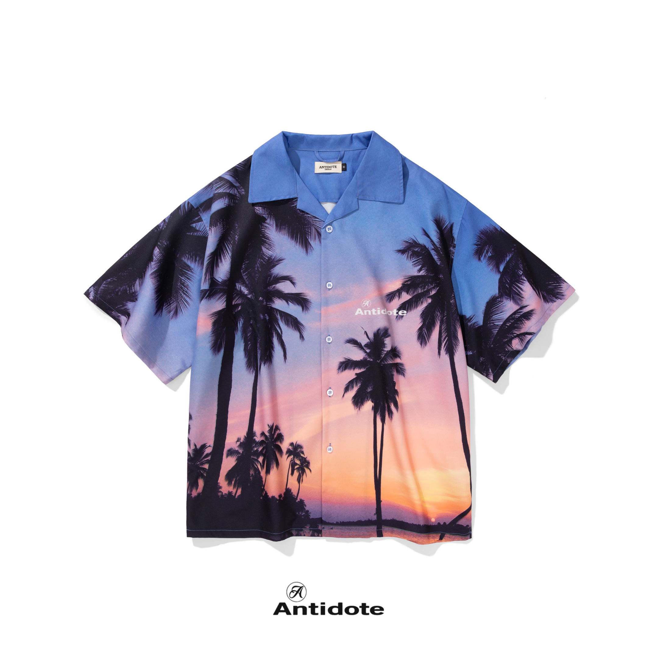 ANTIDOTE 棕櫚樹 落日夕陽古巴領 短袖 襯衫 滑面 寬鬆