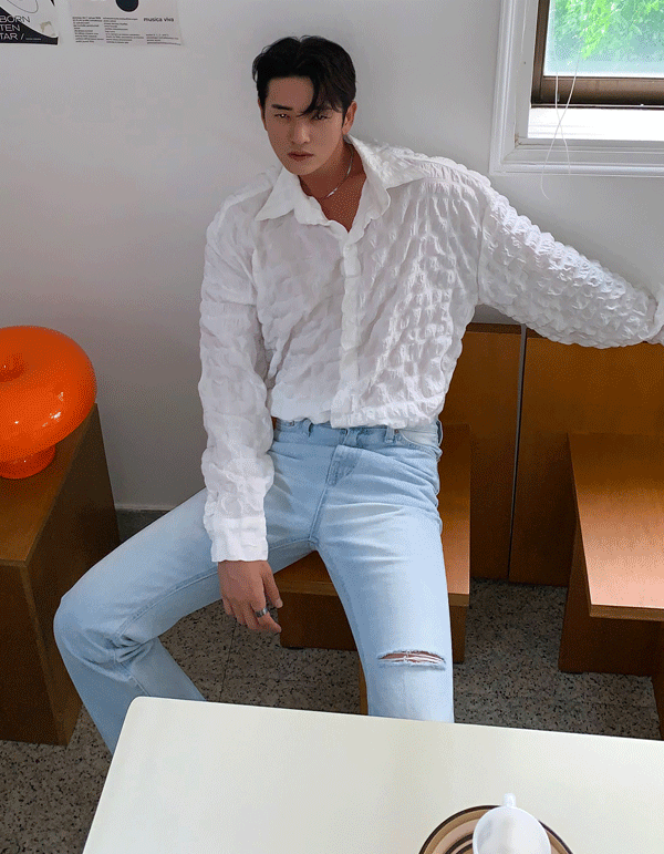 雪紡褶皺格紋襯衫