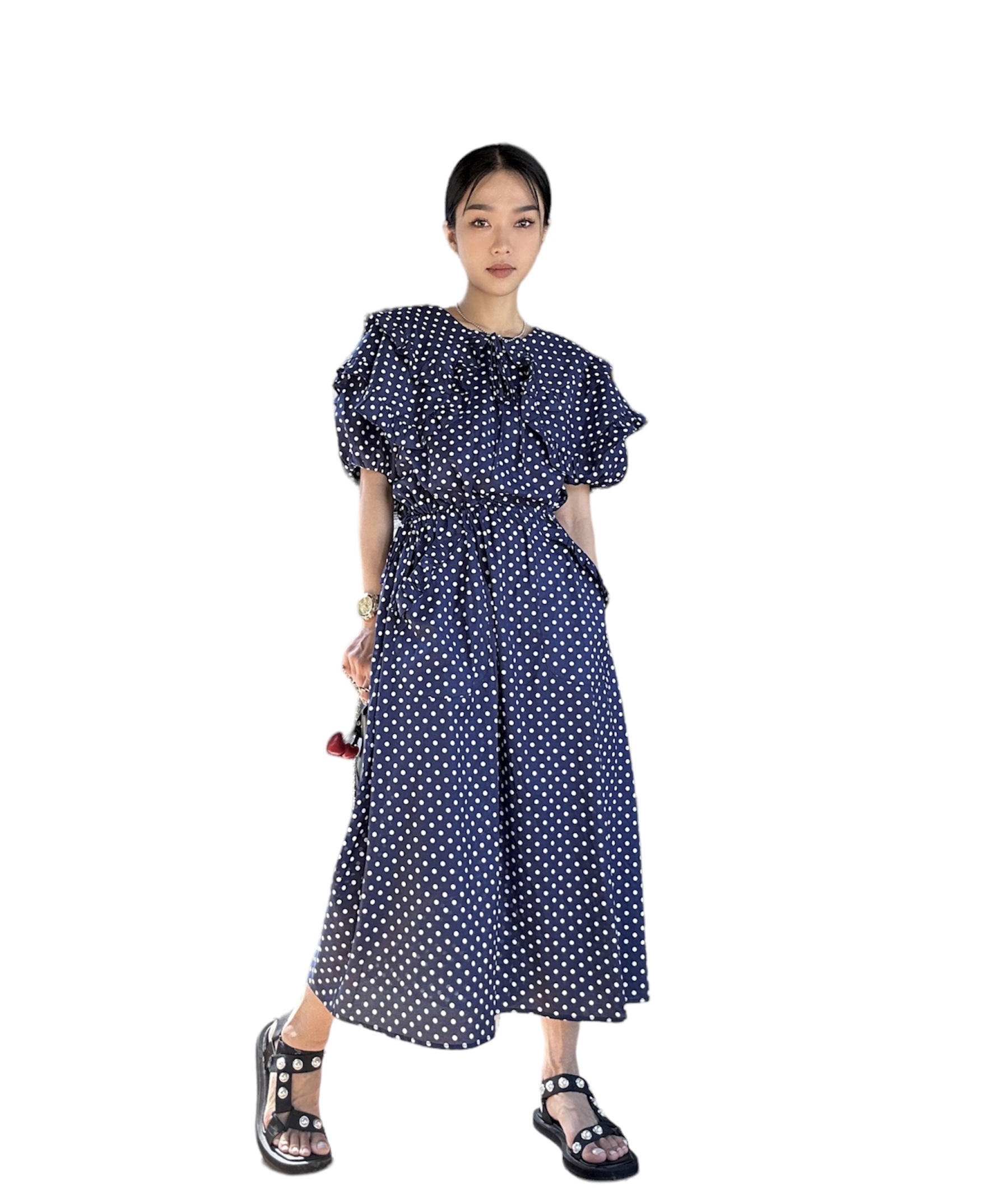 波點娃娃領可束腰連身裙 （現貨款式）