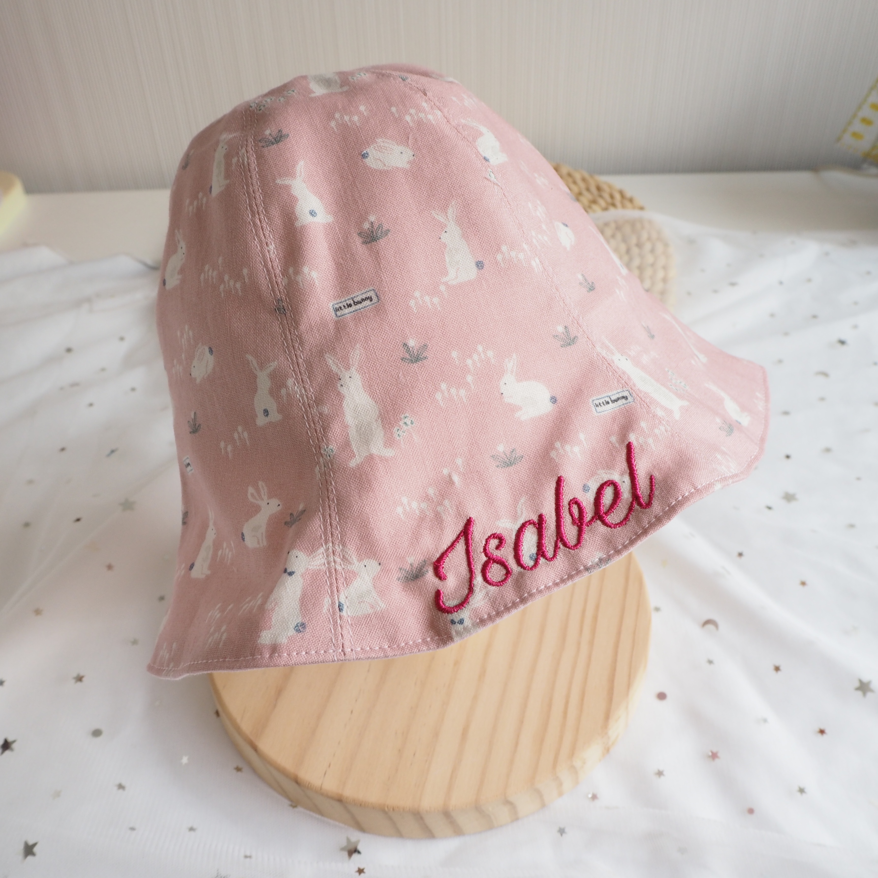 粉紅色小兔圖案 純棉布嬰兒帽