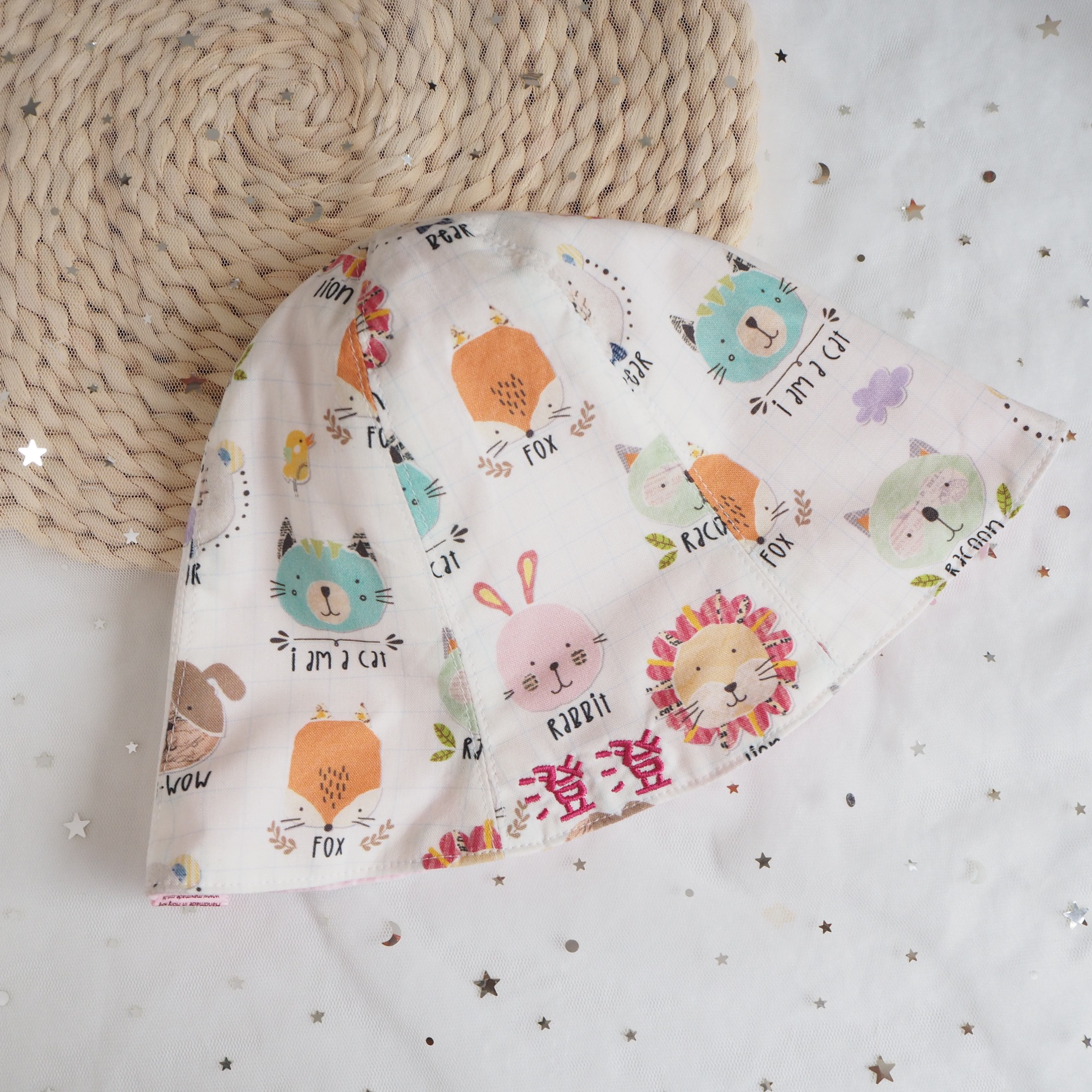 白色動物圖案 純棉布嬰兒帽