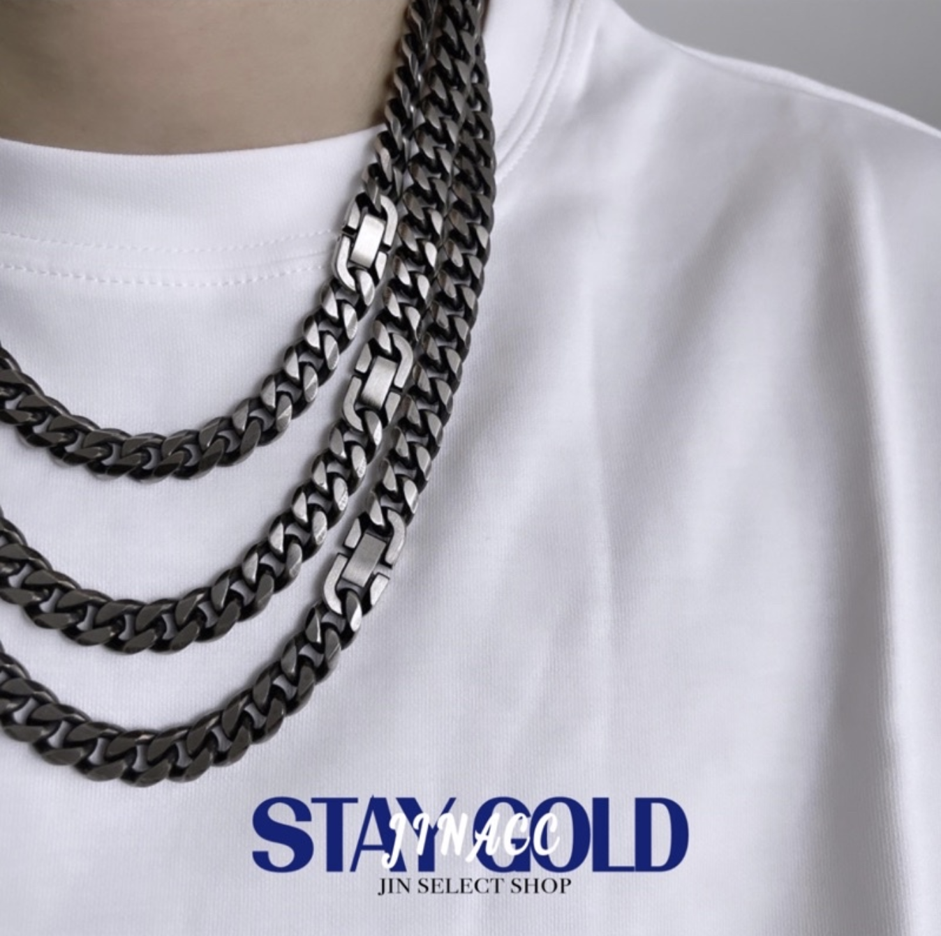 JINACC 黑曜銀 安全扣古巴項鍊 鈦鋼銀 粗款 細款 黑曜石 項鍊 古巴鍊 韓國 飾品 搭配 安全扣