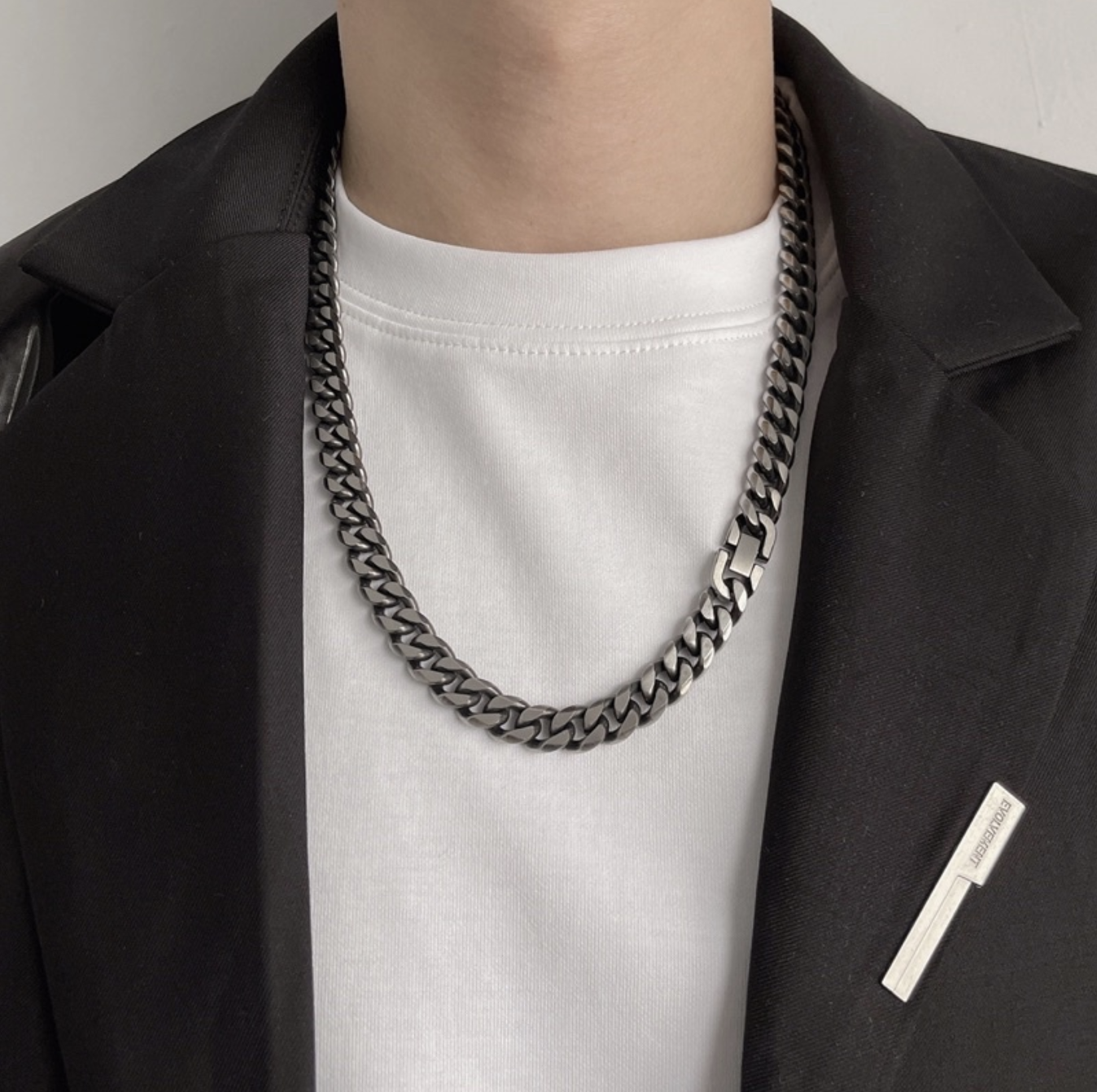 JINACC 黑曜銀 安全扣古巴項鍊 鈦鋼銀 粗款 細款 黑曜石 項鍊 古巴鍊 韓國 飾品 搭配 安全扣