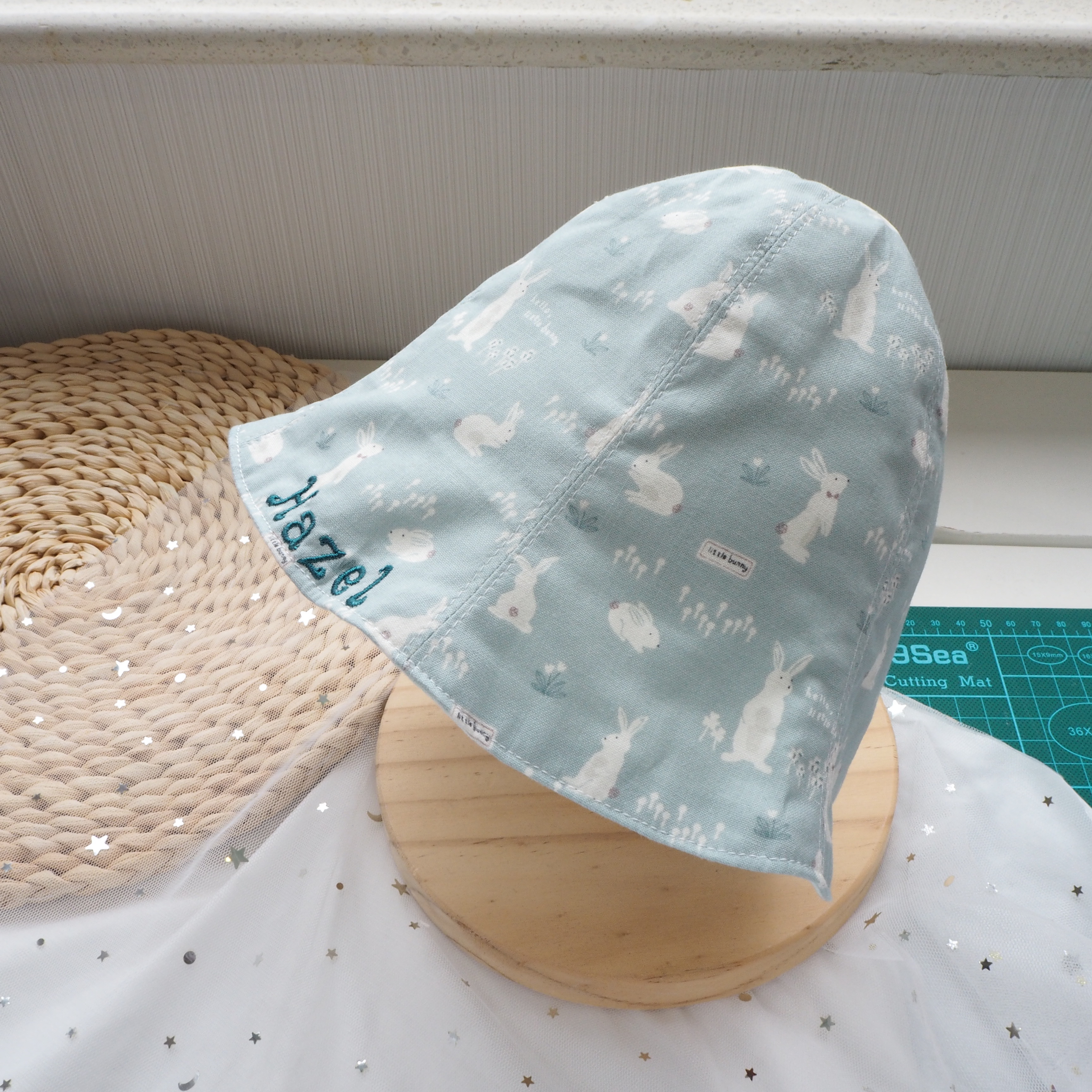 綠色小兔圖案 純棉布嬰兒帽