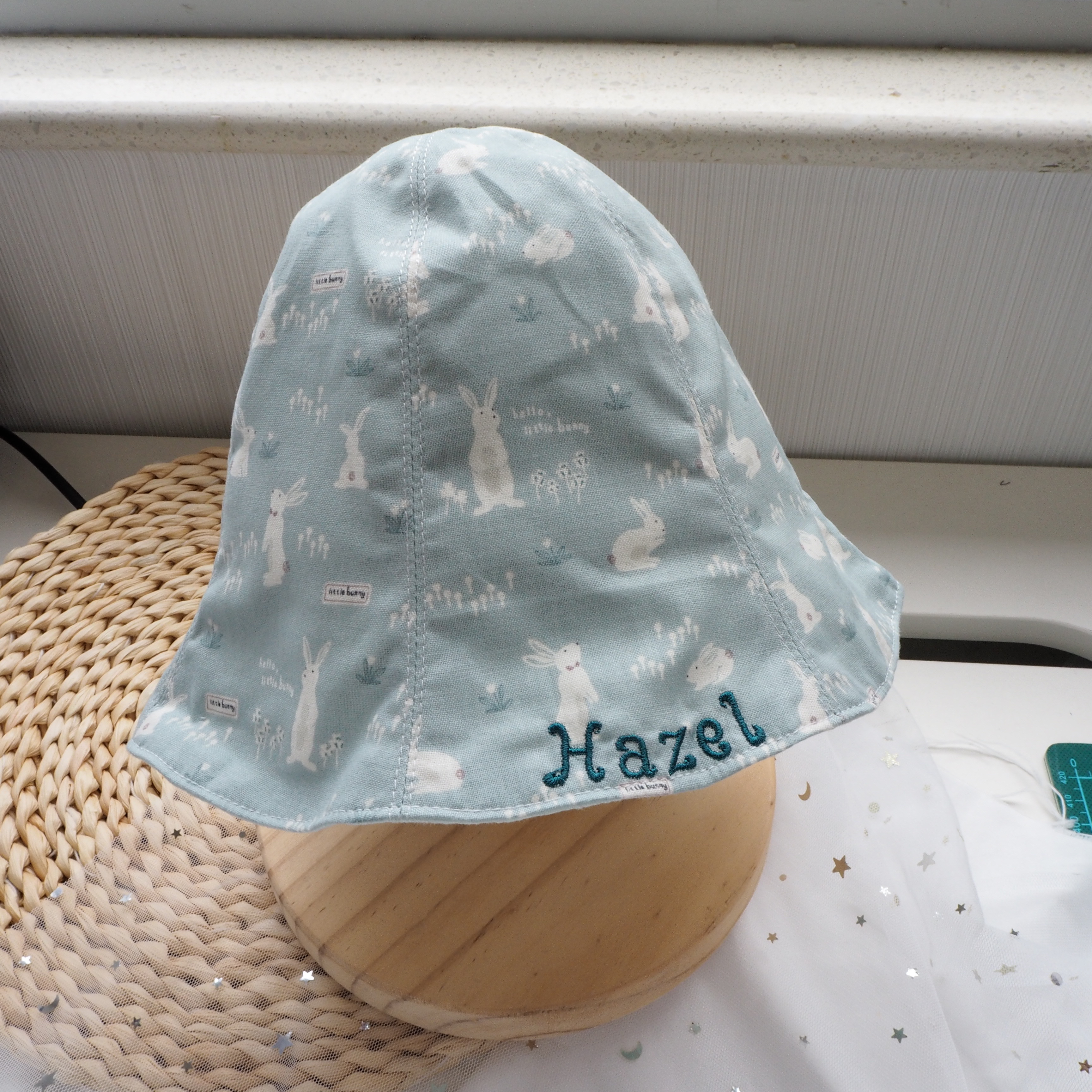 綠色小兔圖案 純棉布嬰兒帽