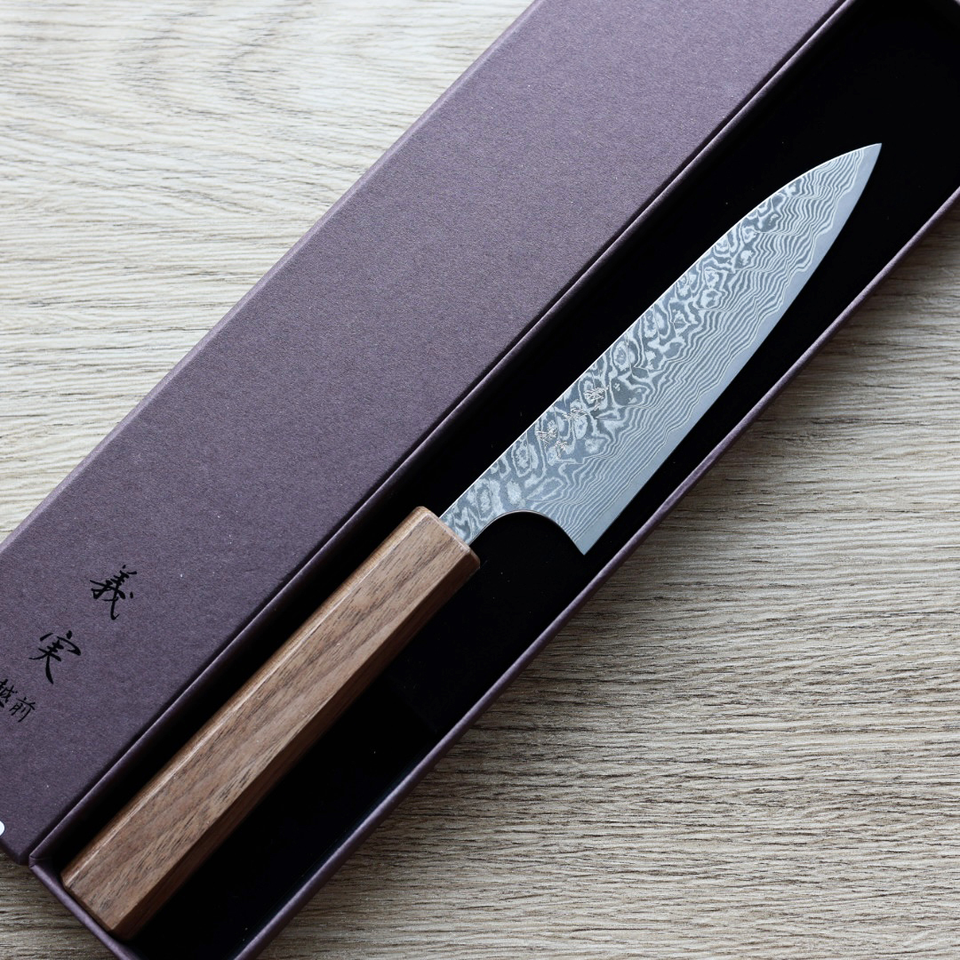 加藤義実 蔬果刀 120mm SG2粉末HSS鋼 黑染鎳大馬士革