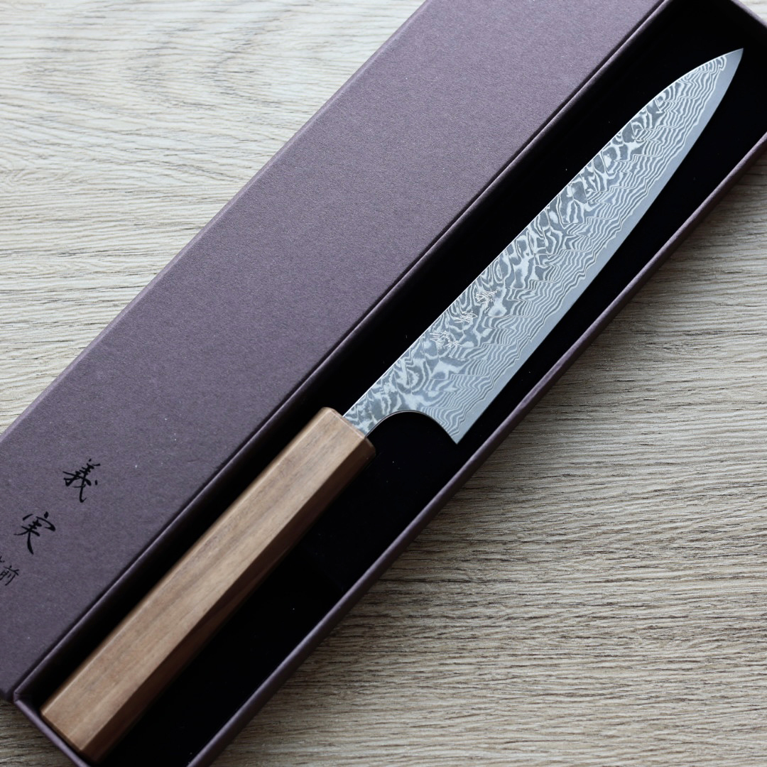 加藤義実 蔬果刀 150mm SG2粉末HSS鋼 黑染鎳大馬士革