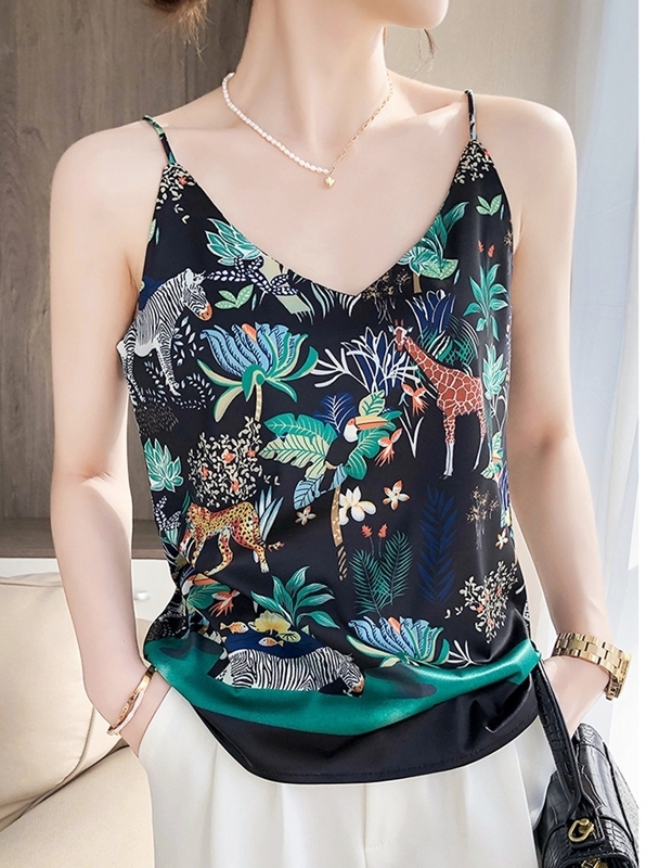 V領動物細肩帶仿緞背心 兩色