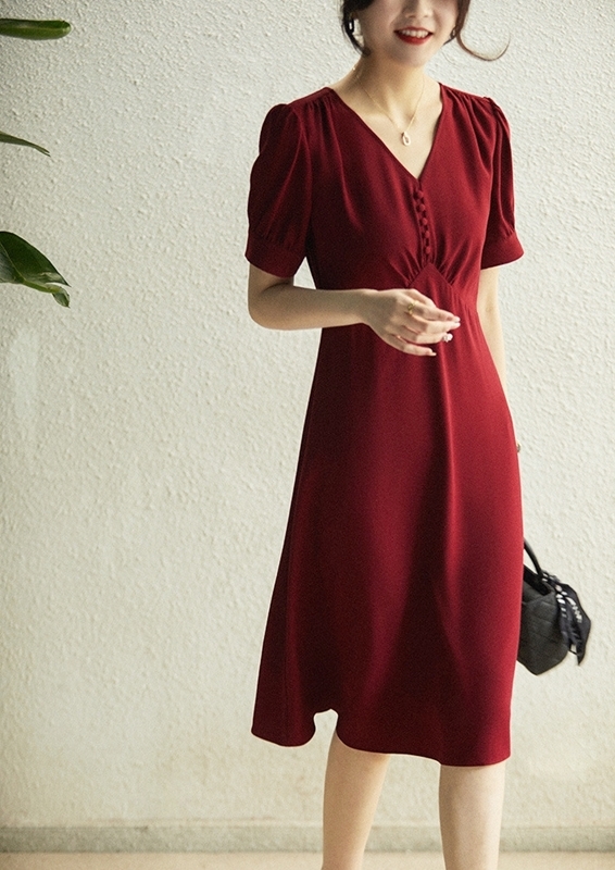 V領排釦雪紡洋裝 四色