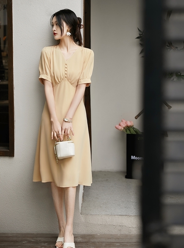 V領排釦雪紡洋裝 四色