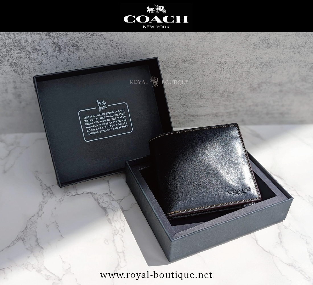 COACH 素面牛皮LOGO鋼印短夾禮盒