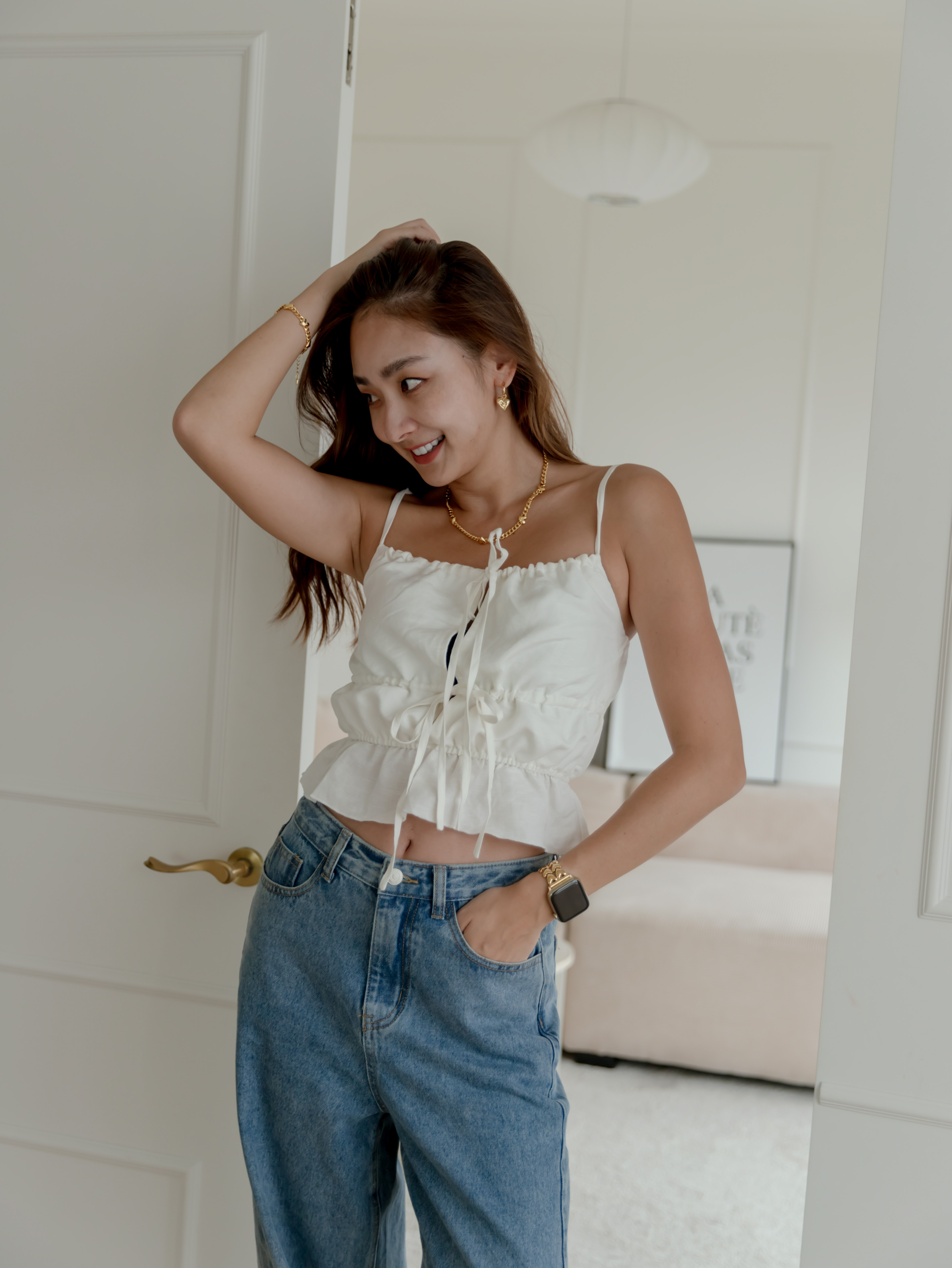 棉麻前綁帶細肩背心（白色/3尺寸）