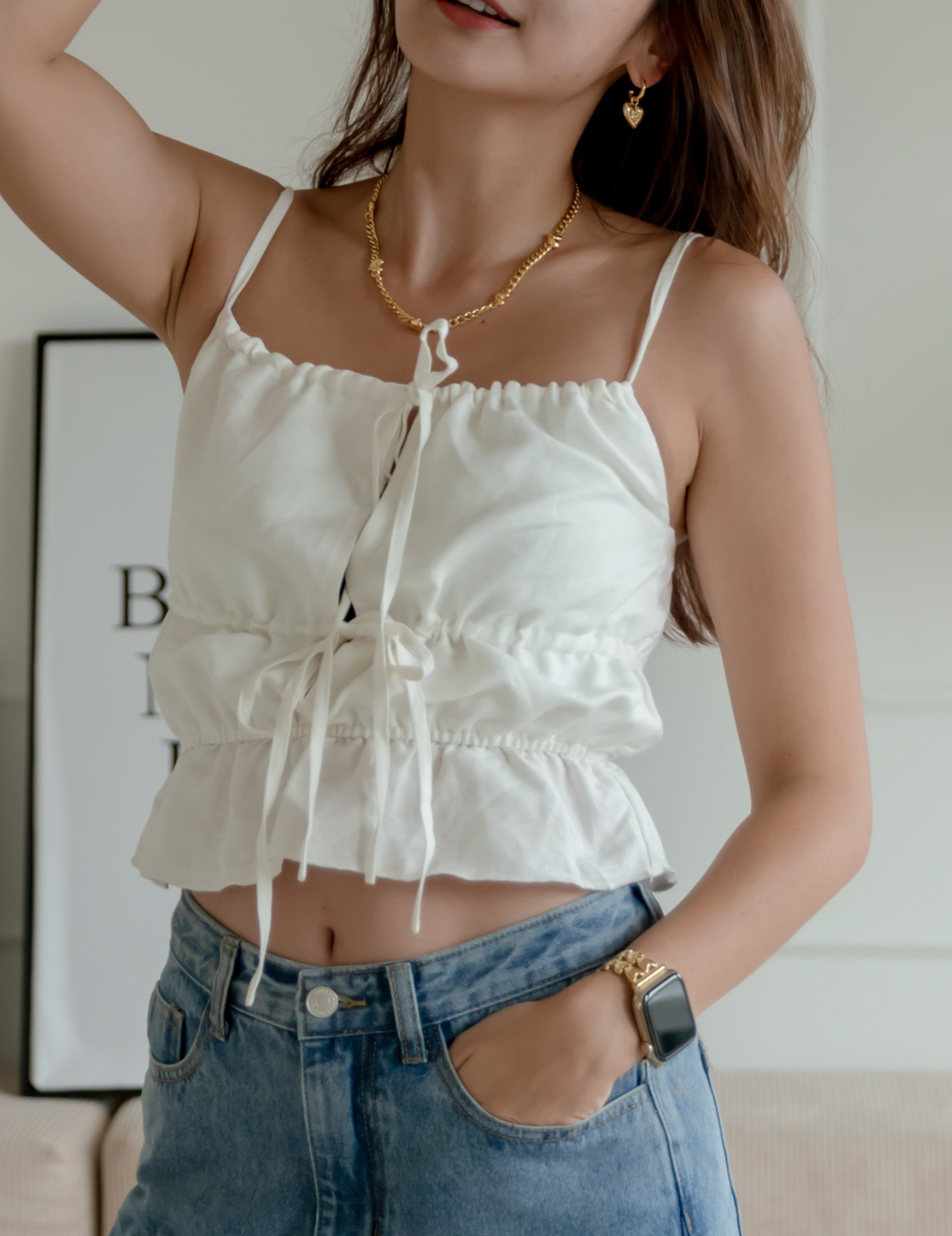 棉麻前綁帶細肩背心（白色/3尺寸）