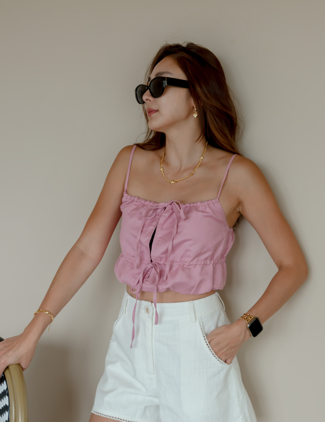 棉麻前綁帶細肩背心（粉色/3尺寸）