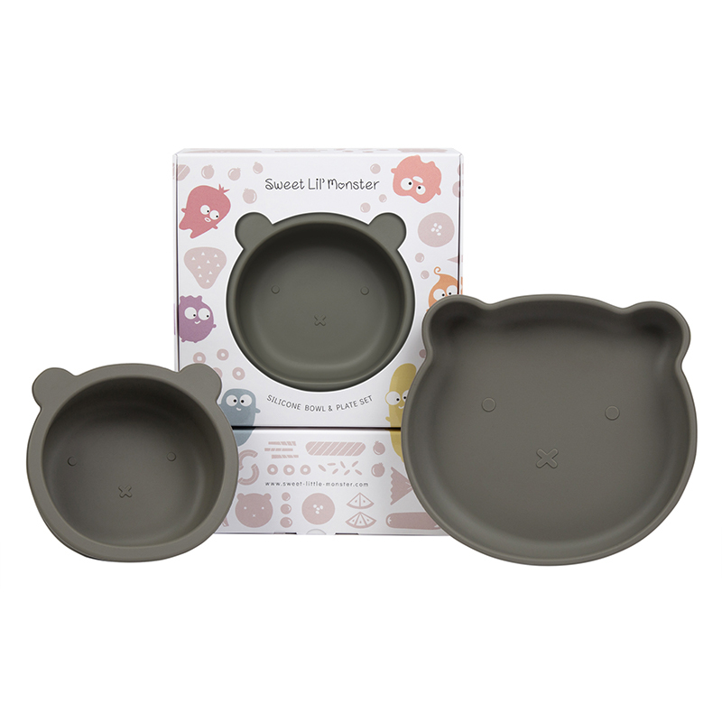 Sweet Lil Monster 熊熊矽膠吸盤碗盤組-墨綠色