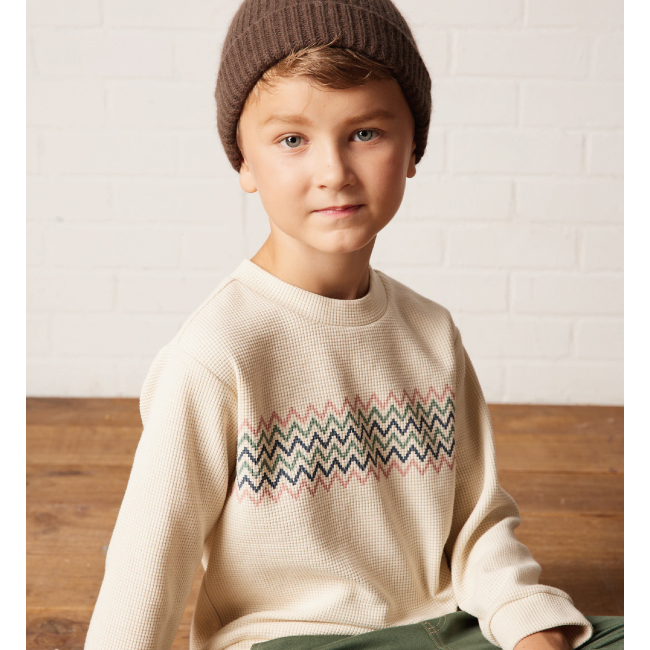 PIPPY 幾何圖騰彈性棉圓領長袖上衣 米