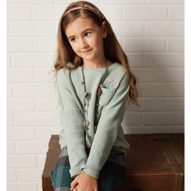 PIPPY純棉質小花刺繡落肩圓領長袖上衣 綠