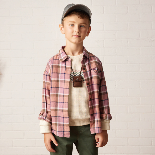 PIPPY 經典格紋暖暖毛料襯衫長袖襯衫上衣 粉