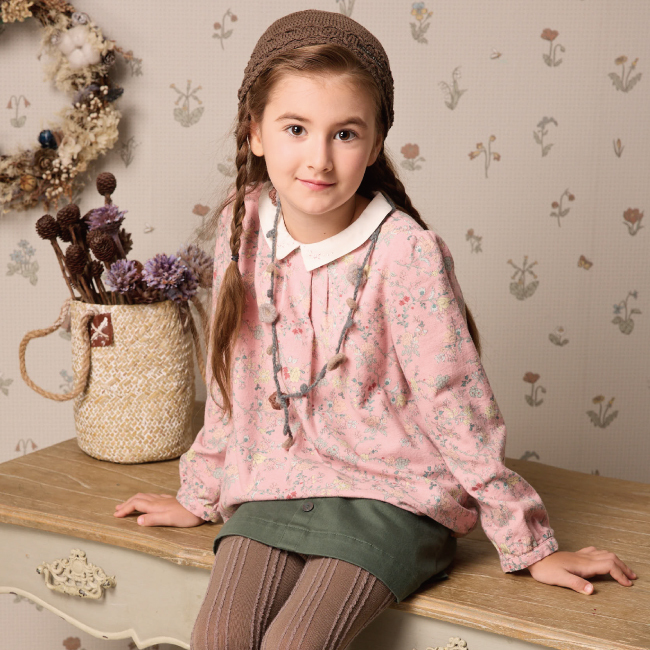 PIPPY田園碎花小圓翻領棉質長袖上衣 粉