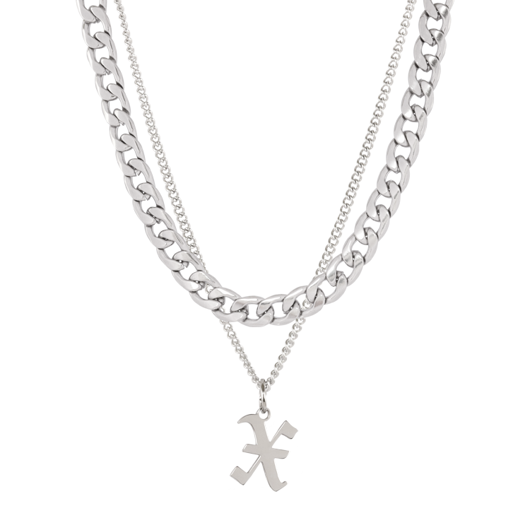 白鋼項鍊，男士項鍊 歌德英文字母X；古巴鍊雙層設計（3375 X）