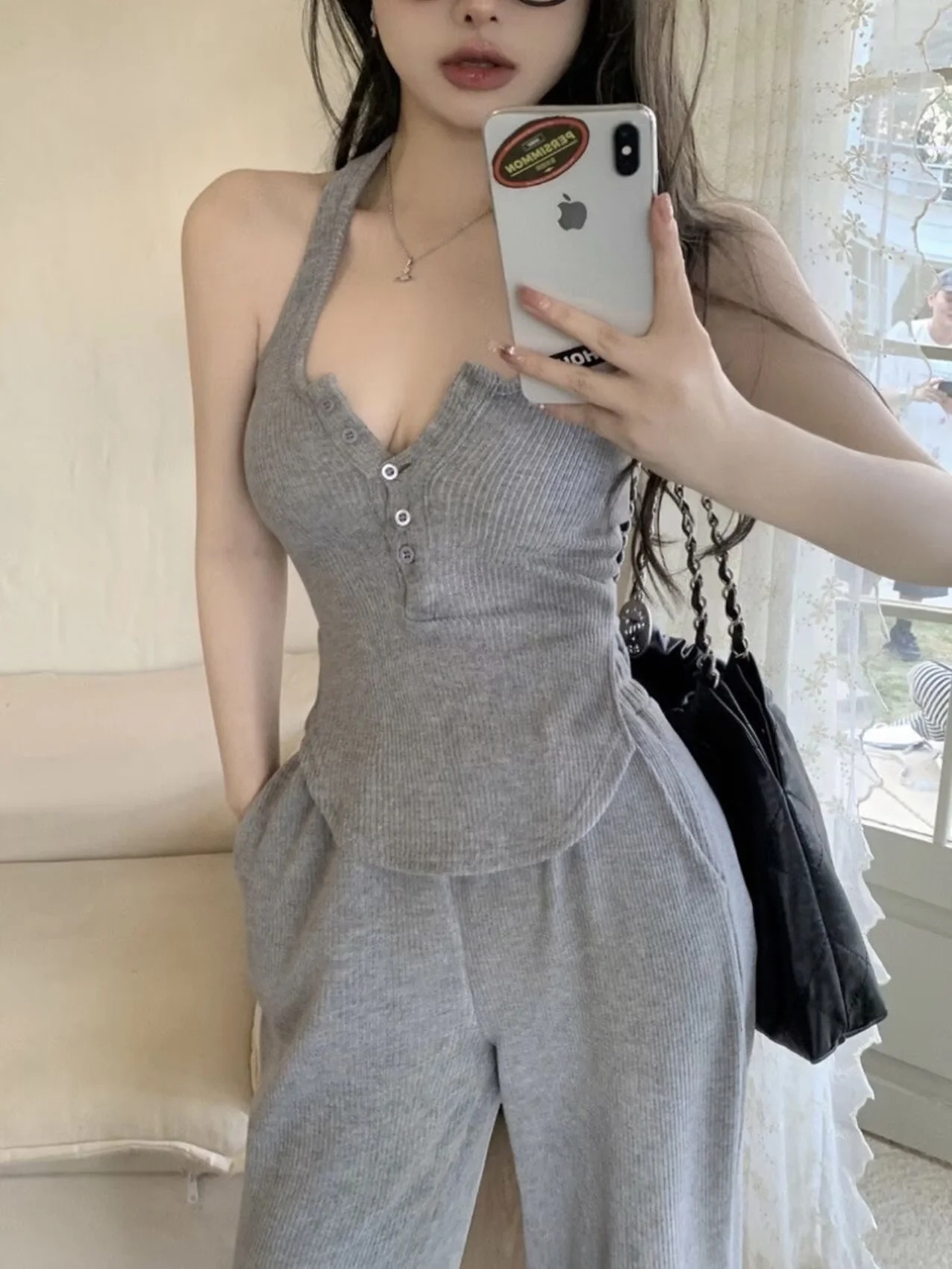 螺紋掛脖上衣+高腰休閒褲(套裝)(黑/白/灰/粉)