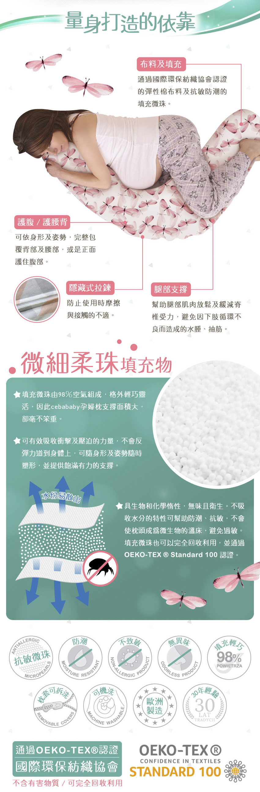 設計為肩部支撐、護腹/護腰背、腿部支撐、隱藏式拉鍊，通過國際環保紡纖協會認證的彈性棉布料及抗敏防潮的填充微珠。