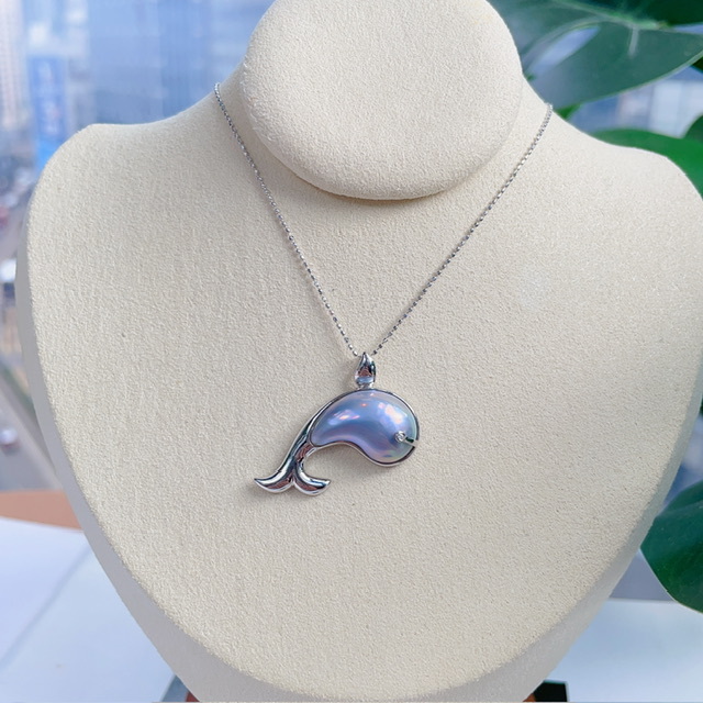 18K白金日本馬貝珠鑽石吊墜-海豚