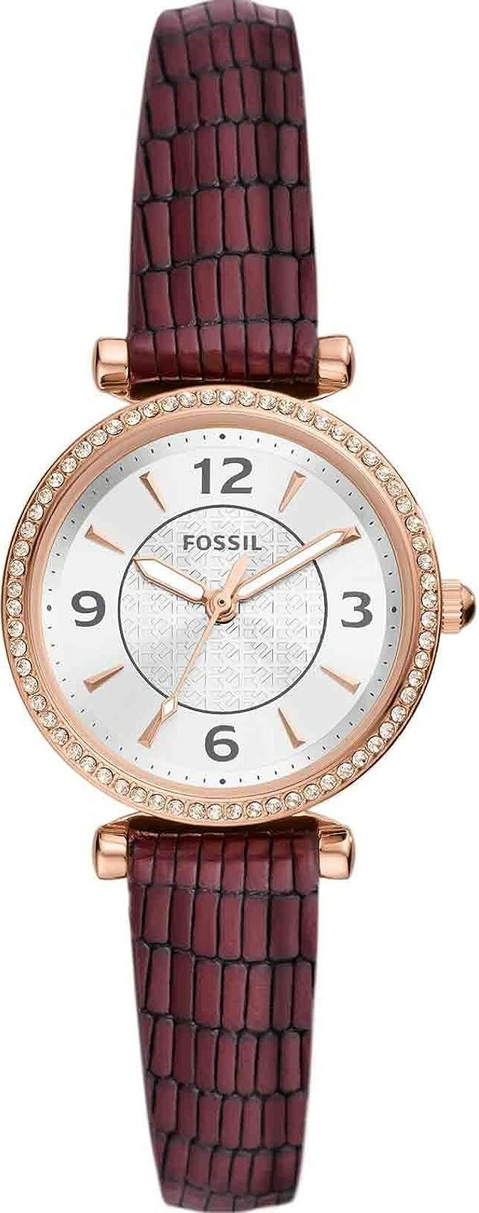 萬年鐘錶 - Fossil   Carlie   晶鑽玫瑰金外框精緻皮革女錶  ES5296   錶徑28MM